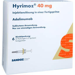 Abbildung: Hyrimoz 40 mg / 0,8 ml Injektionslösung in einer Fertigspritze 6 St, Injektionslösung PZN 13974784