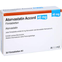 Abbildung: Atorvastatin Accord 40 mg Filmtabletten 30 St, Filmtabletten PZN 13980715