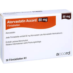 Abbildung: Atorvastatin Accord 80 mg Filmtabletten 30 St, Filmtabletten PZN 13980744