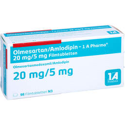 Abbildung: Olmesartan / Amlodipin 1A Pharma 20 mg / 5 mg Filmtab. 98 St, Filmtabletten PZN 13984624