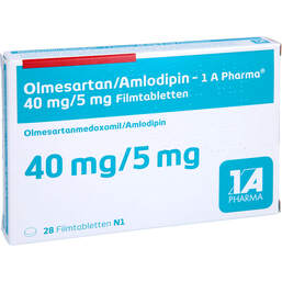 Abbildung: Olmesartan / Amlodipin 1A Pharma 40 mg / 5 mg Filmtab. 28 St, Filmtabletten PZN 13984630