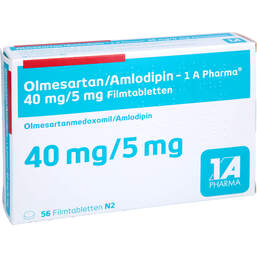 Abbildung: Olmesartan / Amlodipin 1A Pharma 40 mg / 5 mg Filmtab. 56 St, Filmtabletten PZN 13984647