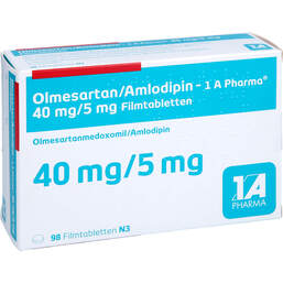 Abbildung: Olmesartan / Amlodipin 1A Pharma 40 mg / 5 mg Filmtab. 98 St, Filmtabletten PZN 13984653