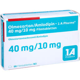 Abbildung: Olmesartan / Amlodipin 1A Pharma 40 mg / 10 mg Fta 98 St, Filmtabletten PZN 13984713