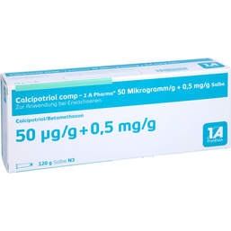 Abbildung: Calcipotriol comp-1A Pharma 50 µg / g + 0,5 mg / g Salbe 120 g, Salbe PZN 14016447