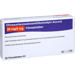 Abbildung: Olmesartanmedoxomil / Amlodipin Accord 20 mg / 5 mg 28 St, Filmtabletten PZN 14021164