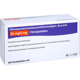 Abbildung: Olmesartanmedoxomil / Amlodipin Accord 20 mg / 5 mg 98 St, Filmtabletten PZN 14021187