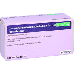 Abbildung: Olmesartanmedoxomil / Amlodipin Accord 40 mg / 5 mg 98 St, Filmtabletten PZN 14021218