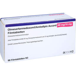 Abbildung: Olmesartanmedoxomil / Amlodipin Accord 40 mg / 10 mg 98 St, Filmtabletten PZN 14021247