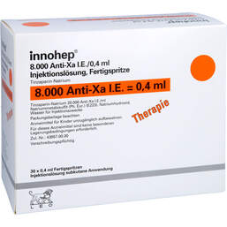 Abbildung: Innohep 8.000 Anti-Xa I.E. / 0,4 ml Fertigspritzen 30 St, Injektionslösung in einer Fertigspritze PZN 14022815