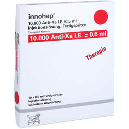 Abbildung: Innohep 10.000 Anti-Xa I.E. / 0,5ml Fertigspritzen 10 St, Injektionslösung in einer Fertigspritze PZN 14022850