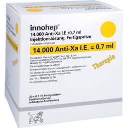 Abbildung: Innohep 14.000 Anti-Xa I.E. / 0,7ml Fertigspritzen 30 St, Injektionslösung in einer Fertigspritze PZN 14022956