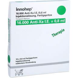 Abbildung: Innohep 16.000 Anti-Xa I.E. / 0,8ml Fertigspritzen 10 St, Injektionslösung in einer Fertigspritze PZN 14022979