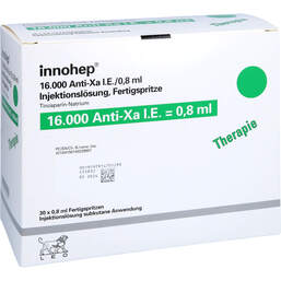 Abbildung: Innohep 16.000 Anti-Xa I.E. / 0,8ml Fertigspritzen 30 St, Injektionslösung in einer Fertigspritze PZN 14022985