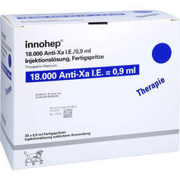 Abbildung: Innohep 18.000 Anti-Xa I.E. / 0,9ml Fertigspritzen 30 St, Injektionslösung in einer Fertigspritze PZN 14023022