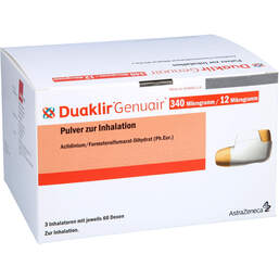 Abbildung: Duaklir Genuair 340 µg / 12 µg Pulver zur Inhalation 60ED 3 St, Inhalationspulver PZN 14028634