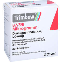 Abbildung: Trimbow 87 µg / 5 µg / 9 µg 120 Hub Druckgasinhalation 3 St, Dosieraerosol PZN 14028918