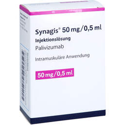 Abbildung: Synagis 50 mg Injektionslösung 100 mg / ml Durchstechflasche  1X0.5 ml, Injektionslösung PZN 14033055