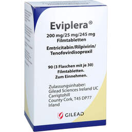 Abbildung: Eviplera 200 mg / 25 mg / 245 mg Filmtabletten 3X30 St, Filmtabletten PZN 14059764