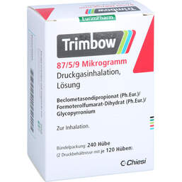 Abbildung: Trimbow 87 / 5 / 9 Mikrogramm 120 Hub Dosieraerosol 2 St, Dosieraerosol PZN 14061086