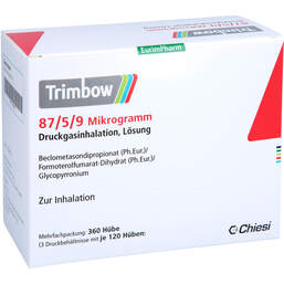 Abbildung: Trimbow 87 / 5 / 9 Mikrogramm 120 Hub Dosieraerosol 3 St, Dosieraerosol PZN 14061092