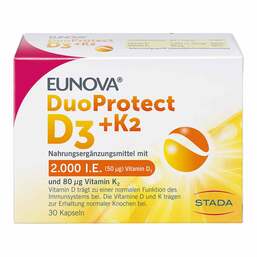 Abbildung: Eunova Duoprotect D3 + K2 2000 I.E. / 80 µg Kapseln Kapseln, 30 St PZN 14133532