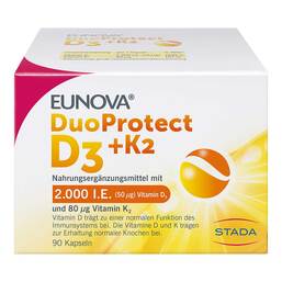 Abbildung: Eunova Duoprotect D3 + K2 2000 I.E. / 80 µg Kapseln Kapseln, 90 St PZN 14133549
