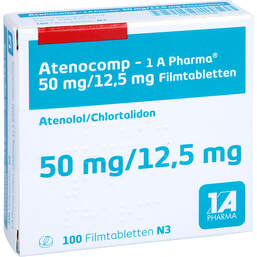 Abbildung: Atenocomp-1A Pharma 50 mg / 12,5 mg Filmtabletten 100 St, Filmtabletten PZN 14136878
