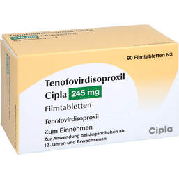Abbildung: Tenofovirdisoproxil Cipla 245 mg Filmtabletten 90 St, Filmtabletten PZN 14144122