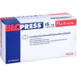 Abbildung: Blopress 16 mg Plus 12,5 mg Tabletten 98 St, Tabletten PZN 14146003