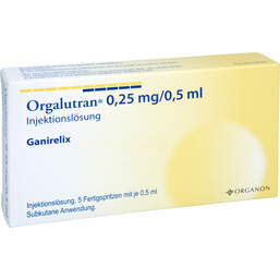 Abbildung: Orgalutran 0,25 mg / 0,5 ml Injektionslösung in einer Fertigspritze  5X1 St, Injektionslösung PZN 14160894