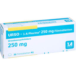 Abbildung: Urso-1A Pharma 250 mg Filmtabletten 30 St, Filmtabletten PZN 14162396