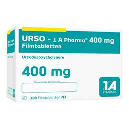 Abbildung: Urso-1A Pharma 400 mg Filmtabletten 100 St, Filmtabletten PZN 14162462