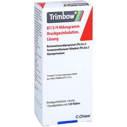 Abbildung: Trimbow 87 µg / 5 µg / 9 µg 120 Hub Druckgasinhalation 1 St, Dosieraerosol PZN 14164633