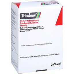 Abbildung: Trimbow 87 µg / 5 µg / 9 µg 120 Hub Druckgasinhalation 2 St, Dosieraerosol PZN 14164656