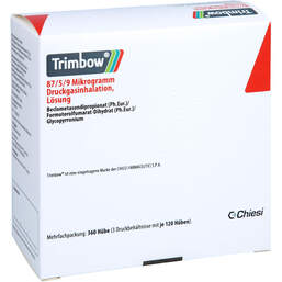 Abbildung: Trimbow 87 µg / 5 µg / 9 µg 120 Hub Druckgasinhalation 3 St, Dosieraerosol PZN 14164662