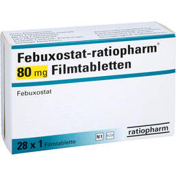 Abbildung: Febuxostat-ratiopharm 80 mg Filmtabletten 28 St, Filmtabletten PZN 14168559