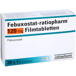 Abbildung: Febuxostat-ratiopharm 120 mg Filmtabletten 28 St, Filmtabletten PZN 14168571