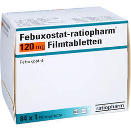 Abbildung: Febuxostat-ratiopharm 120 mg Filmtabletten 84 St, Filmtabletten PZN 14168588