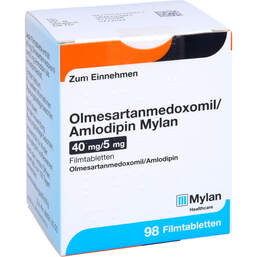 Abbildung: Olmesartanmedoxomil / Amlodipin Mylan 40 mg / 5 mg 98 St, Filmtabletten PZN 14176961