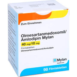 Abbildung: Olmesartanmedoxomil / Amlodipin Mylan 40 mg / 10 mg 98 St, Filmtabletten PZN 14176984