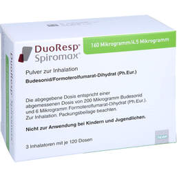 Abbildung: Duoresp Spiromax 160µg / 4,5µg / Dosis 3x120ED Inh.-P. 3 St, Inhalationspulver PZN 14178486