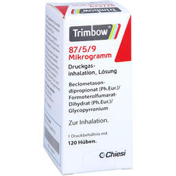 Abbildung: Trimbow 87 µg / 5 µg / 9 µg 120 Hub Druckgasinhalation 1 St, Dosieraerosol PZN 14186327