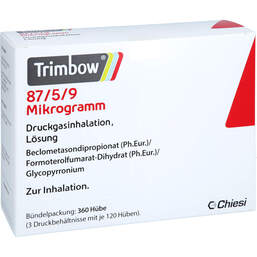 Abbildung: Trimbow 87 µg / 5 µg / 9 µg 120 Hub Druckgasinhalation 3 St, Dosieraerosol PZN 14186333