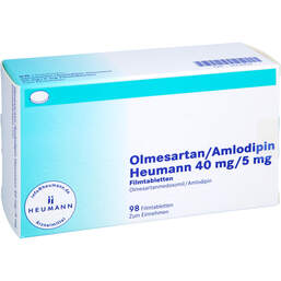 Abbildung: Olmesartan / Amlodipin Heumann 40 mg / 5 mg Filmtabletten 98 St, Filmtabletten PZN 14214839