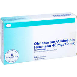 Abbildung: Olmesartan / Amlodipin Heumann 40 mg / 10 mg Filmtabletten  28 St, Filmtabletten PZN 14214845