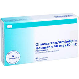 Abbildung: Olmesartan / Amlodipin Heumann 40 mg / 10 mg Filmtabletten  56 St, Filmtabletten PZN 14214874