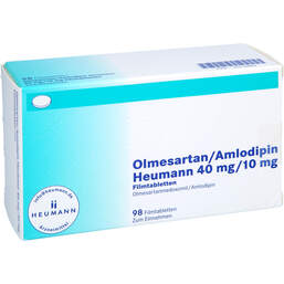 Abbildung: Olmesartan / Amlodipin Heumann 40 mg / 10 mg Filmtabletten  98 St, Filmtabletten PZN 14214880