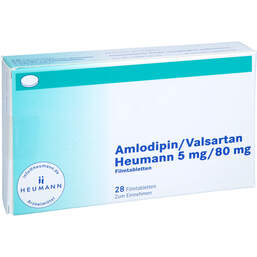 Abbildung: Amlodipin / Valsartan Heumann 5 mg / 80 mg Filmtabletten  28 St, Filmtabletten PZN 14214897
