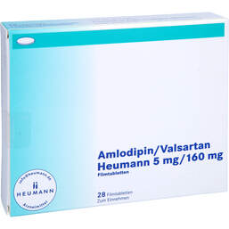 Abbildung: Amlodipin / Valsartan Heumann 5 mg / 160 mg Filmtabletten  28 St, Filmtabletten PZN 14214934